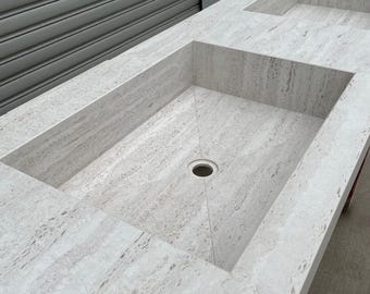 Handmade Dekton Marmorio Porcelain Sink: Travertine Look Porcelain, Custom Bathroom Vanity