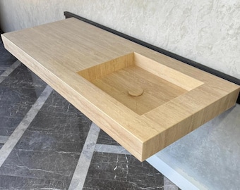 Handgemaakte ader gesneden travertijn wastafel: op maat gemaakte beige badkamerijdelheid