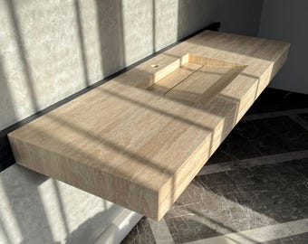 Vein Cut Travertine Ramp Sink | Handmade Natural Stone Bathroom Sink | Custom Modern Stone Basin