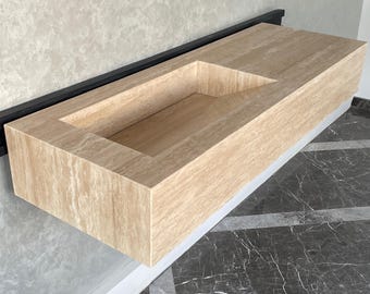 Handmade Vein Cut Travertine Sink: Custom Beige Bathroom Vanity