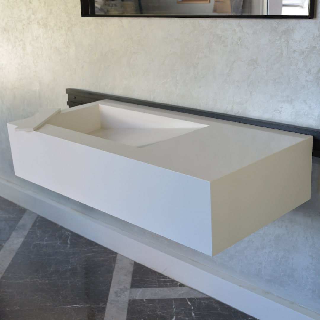 White Quartz Countertop, Bathroom Vanity With Single Trough Sink, Vessel Sink, Sink Integrated ...