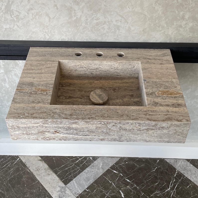 Handmade Vein Cut Silver Travertine Sink: Custom Bathroom Vanity image 9