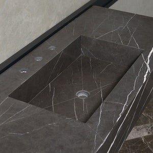 Handcrafted Custom Pietra Grey Marble Sink, Natural Stone Sink, Bathroom Sink, Handmade Marble Countertop, Vanity Top, Marble Vessel Sink