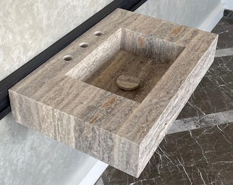 Handmade Vein Cut Silver Travertine Sink: Custom Bathroom Vanity