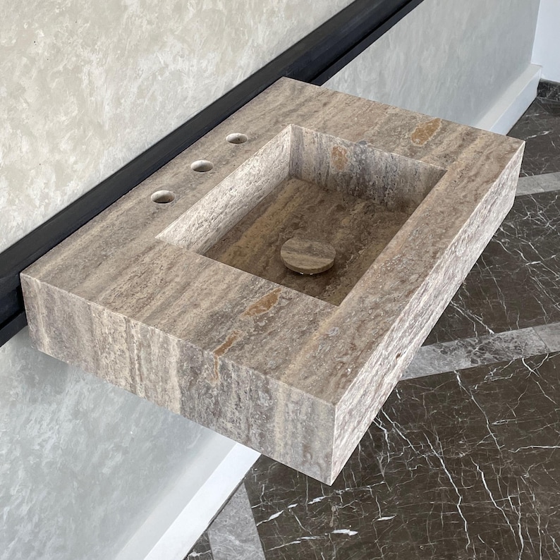 Handmade Vein Cut Silver Travertine Sink: Custom Bathroom Vanity image 1