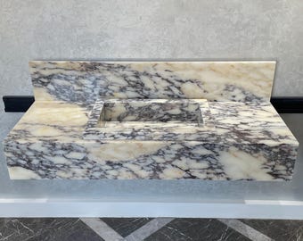Handcrafted Calacatta Viola Marble Sink With Backsplash: Custom Bathroom Vanity
