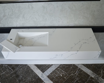 Lavabo de baño de cuarzo personalizado y artesanal: tocador blanco pulido
