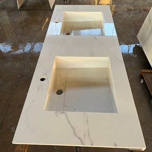 Double Sink Integrated Custom Calacatta Lincoln Polished Porcelain Countertop, Marble Look Kitchen Sink, Bathroom Sink, Bathroom Vanity Top