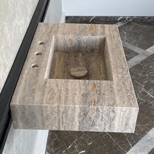 Handmade Vein Cut Silver Travertine Sink: Custom Bathroom Vanity image 10