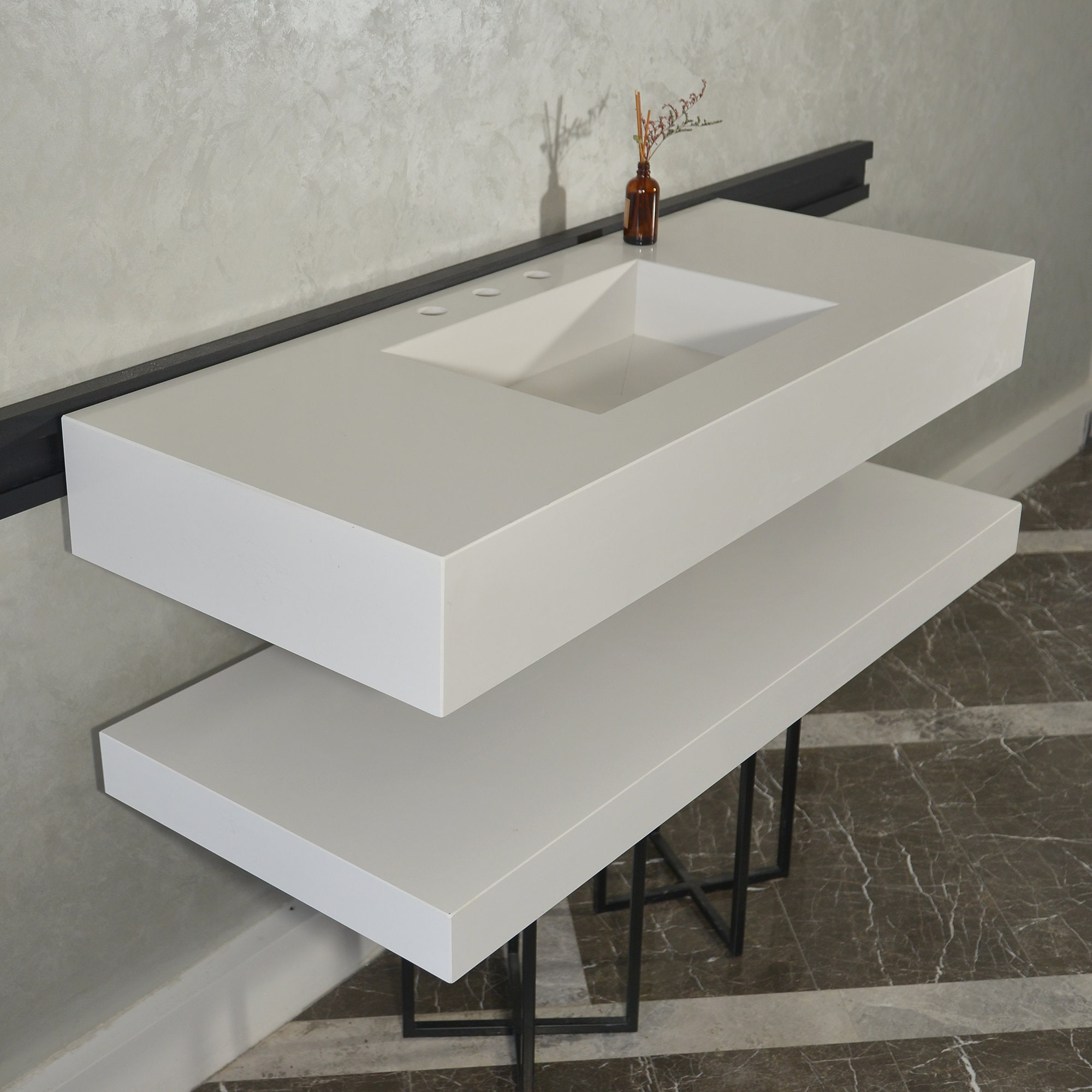 Custom Quartz Sink With Shelf, Bathroom Sink With Matching Shelf, Bathroom Vanity With Shelf ...