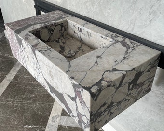 Lavandino in marmo Calacatta Viola fatto a mano: mobiletto da bagno a parete