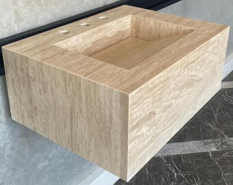 Handmade Vein Cut Travertine Sink: Custom Beige Bathroom Vanity