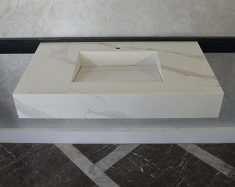 Handgemaakte porseleinen wastafel Calacatta Oro: wastafelblad in marmerlook