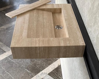 KLAR ATT LEVERERAS! Handgjort handfat i ådrad travertin: Specialdesignat badrumskommod i beige