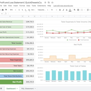 Profit and Loss Statement Template | Google Sheets | Financial Spreadsheet | Annual Profit & Loss Statement | Invoice