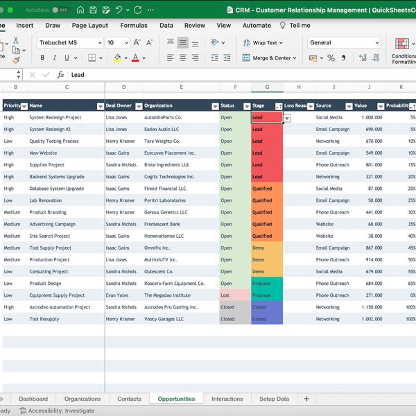 Plantilla de Excel de CRM / Hoja de cálculo de seguimiento de clientes / Base de datos de gestión de relaciones con los clientes / Seguimiento de clientes potenciales en hoja de cálculo / Lista de clientes