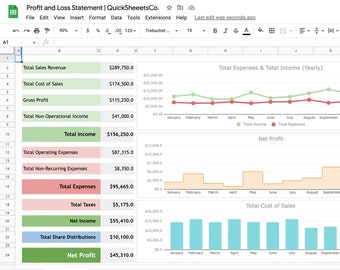 Profit and Loss Statement Template | Google Sheets | Financial Spreadsheet | Annual Profit & Loss Statement | Invoice