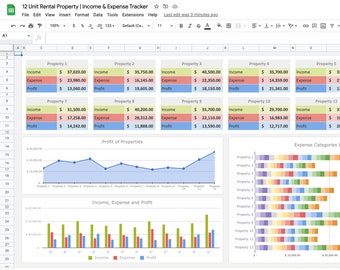 12 Unit Rental Property Template | Landlords Google Sheets Template | Rental Property Income & Expense Tracker | Property Portfolio