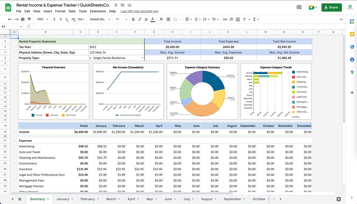 Landlord Rental Property Spreadsheet Template Google Sheets Etsy