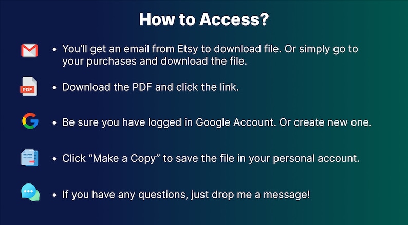 Peut inclure: Un fond d&eacute;grad&eacute; bleu et vert avec une liste d'instructions sur la fa&ccedil;on d'acc&eacute;der &agrave; un fichier num&eacute;rique. Les instructions comprennent le t&eacute;l&eacute;chargement d'un fichier PDF, la connexion &agrave; un compte Google et la copie du fichier. Les instructions sont accompagn&eacute;es d'ic&ocirc;nes repr&eacute;sentant un e-mail, un fichier PDF, un logo Google, un document et une bulle de discussion.