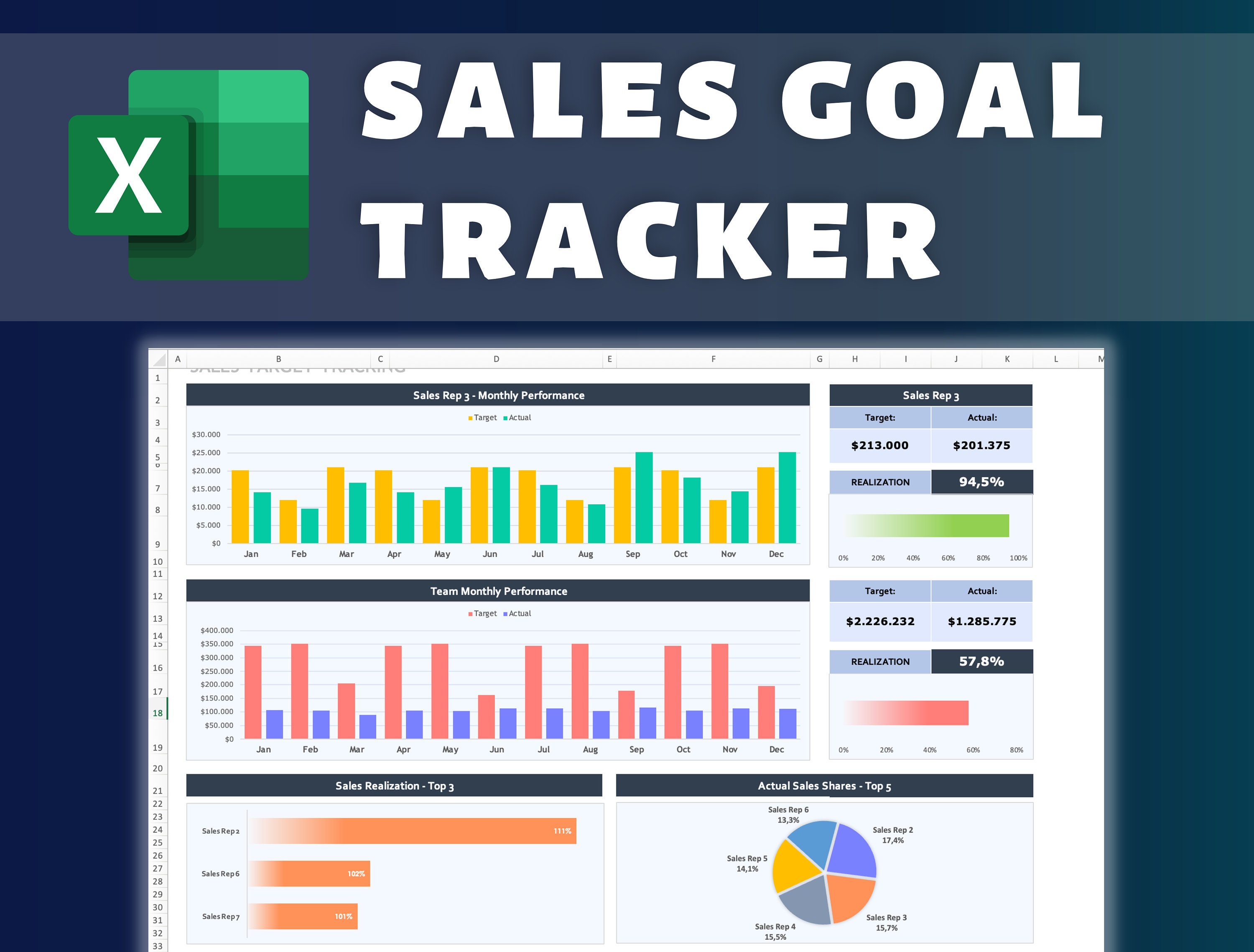 Sales Goal Tracker | Excel Template | Salesman Target Tracker | Sales Target Tracker | Sales ...