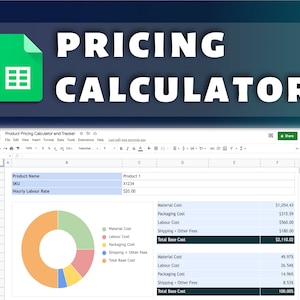 Könnte beinhalten: Eine Google Sheets-Tabelle mit einem Kreisdiagramm, das die Aufschlüsselung der Kosten für ein Produkt zeigt. Die Tabelle ist mit "Produktpreisberechnung und -verfolgung" betitelt und enthält Spalten für Produktname, SKU, Stundensatz für Arbeitskraft, Materialkosten, Verpackungskosten, Arbeitskosten, Versand- und andere Gebühren sowie Gesamtkosten. Das Kreisdiagramm zeigt den Prozentsatz jeder Kostenkategorie.