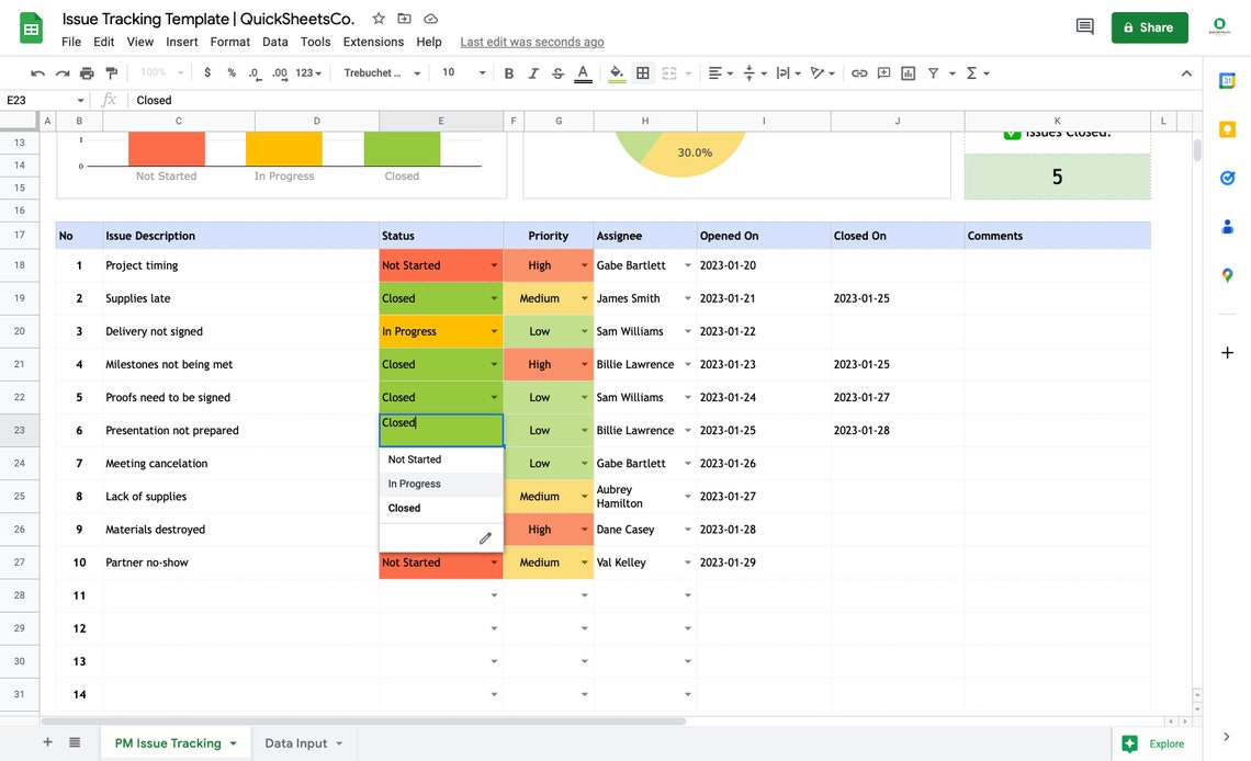 Example Problem Tracker Sheet Issue Tracker Template | Google Sheets | Track Project Management ...