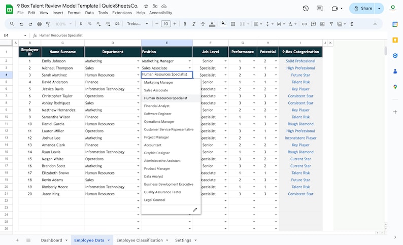 9 Box Grid Google Sheets Template | Performance Management | Employee ...