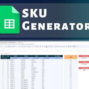 May include: A screenshot of a Google Sheet spreadsheet with the title "SKU GENERATOR". The spreadsheet has columns for "Prefix", "Code", "Product", "Category", "Origin", "Color", "New Header", "SKU", and "Prefix & Code". The spreadsheet is used to generate unique product identification numbers (SKUs).
