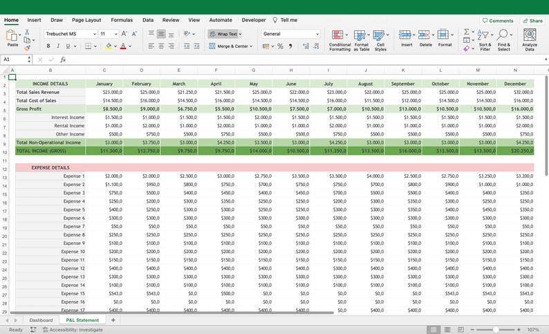 Profit and Loss Statement Excel Template Financial Spreadsheet Annual