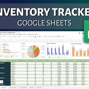 Op de afbeelding: Een Google Sheets-spreadsheet met een groen-wit kleurenschema. De spreadsheet heeft de titel "Inventory Tracker" en bevat een tabel met kolommen voor "Category", "Product", "Initial Qty", "Received Qty", "Sold Qty", "Inventory Qty", "Cost of Goods Sold", "Cost of Inventory", "Total Sales Revenue", "Profit" en "Profit %". De spreadsheet bevat ook drie grafieken: een cirkeldiagram dat de winst per product laat zien, een staafdiagram dat de verkoop per klant laat zien en een staafdiagram dat de omzet per klant laat zien.