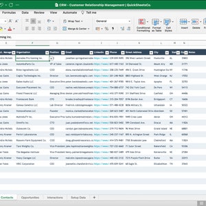 May include: A spreadsheet with a list of contacts, including their name, title, organization, position, email, LinkedIn profile, phone number, street address, city, state, and zip code. The spreadsheet is titled "CRM - Customer Relationship Management | QuickSheetsCo."
