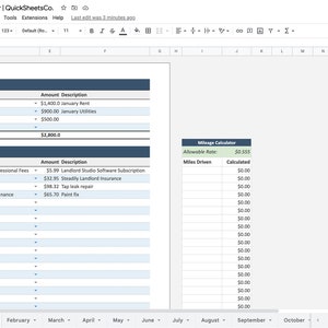 May include: A Google Sheets spreadsheet with a rental income and expense tracker. The spreadsheet includes columns for date, income category, amount, and description. The spreadsheet also includes a mileage calculator with columns for miles driven and calculated amount.