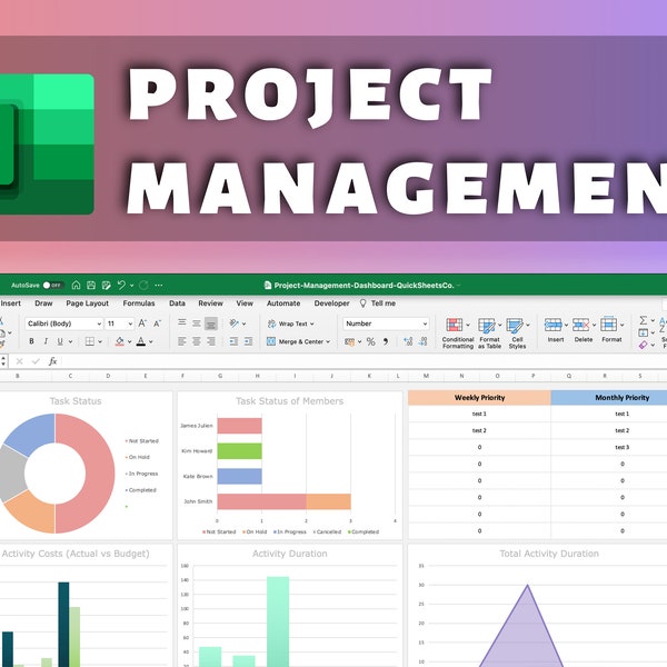 Modello Excel dashboard di gestione dei progetti / dashboard automatico / sequenza temporale / bacheca Kanban / foglio di calcolo del pianificatore / budget mensile