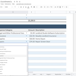 May include: A spreadsheet with a blue header labeled "Expenses" and a column for "Date", "Expense Category", "Amount", and "Description". The spreadsheet also includes a mileage calculator with a green header labeled "Mileage Calculator" and a column for "Allowable Rate", "Miles Driven", and "Calculate".