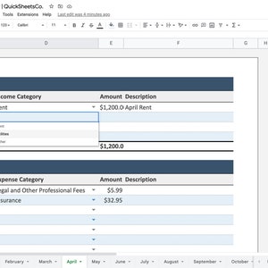 May include: A Google Sheets spreadsheet with a rental income and expense tracker. The spreadsheet includes columns for date, income category, amount description, expense category, and amount description. The spreadsheet also includes a mileage calculator with columns for miles driven and calculation.