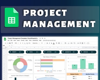 Project Management Dashboard | Google Sheets Template | Automatic Dashboard | Timeline | Kanban Board | Planner Spreadsheet | Monthly Budget