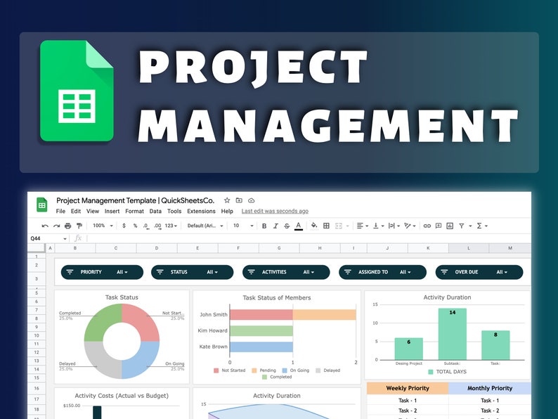 Project Management Dashboard Google Sheets Template Etsy
