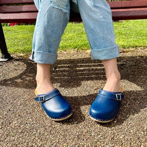 Swedish Clogs Moccasins Wooden clogs Women clogs Leather clogs Womens Boots Navy Blue