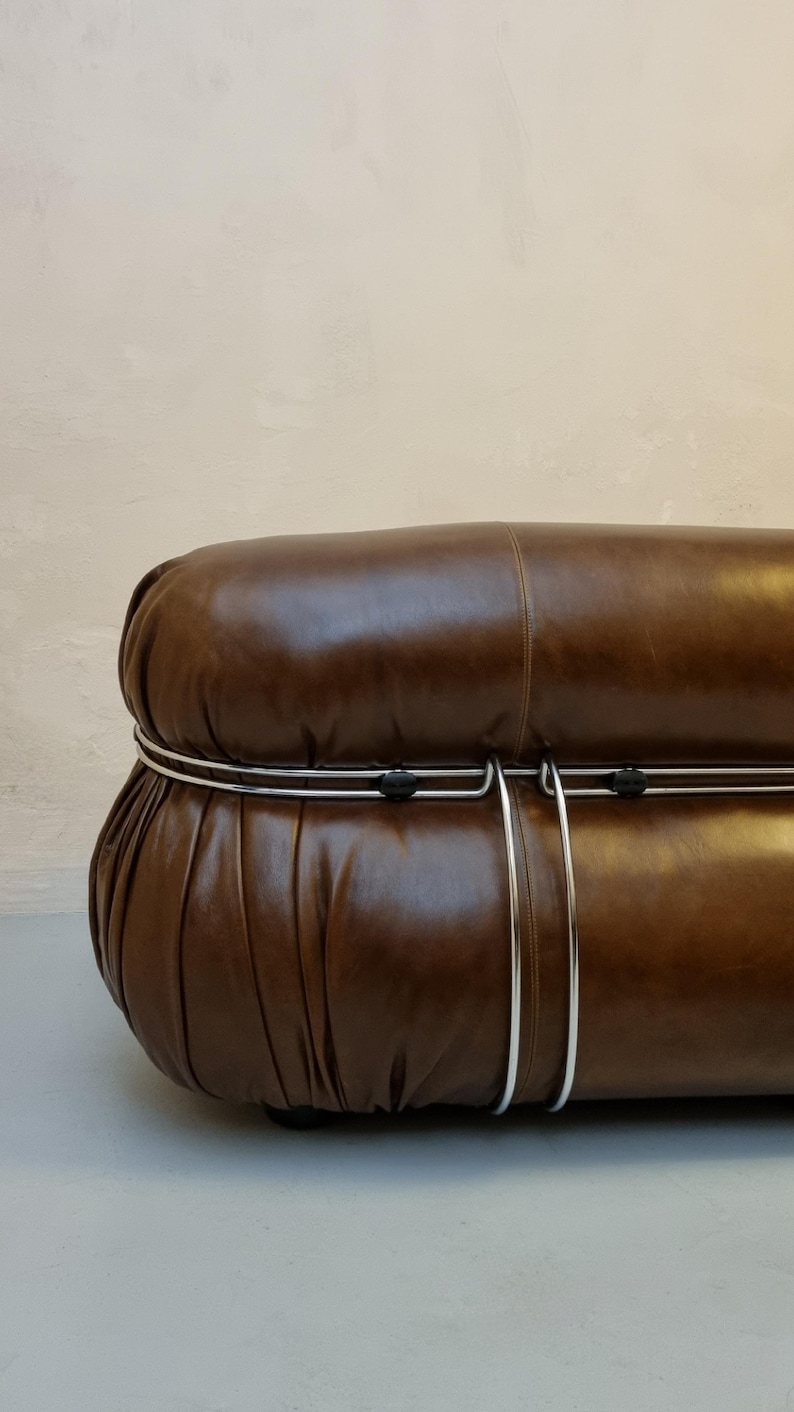 May include: A brown leather sofa with a rounded shape and a metal frame. The sofa has a tufted design and a dark brown color. The metal frame is silver and runs along the sides of the sofa.