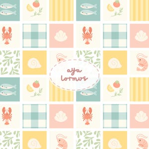 Italian Summer Print Patchwork Seamless Pattern, Seamless Coastal Pattern, Mediterranean Print with lobster, shrimp, sardines, tomato, lemon