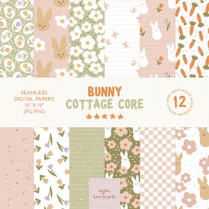 Plik Spring Seamless, wzór Bunny Cottage Core Seamless, cyfrowy papier pastelowy Easter, tapeta Retro Daisy, pakiet cyfrowego papieru Bunny Peep