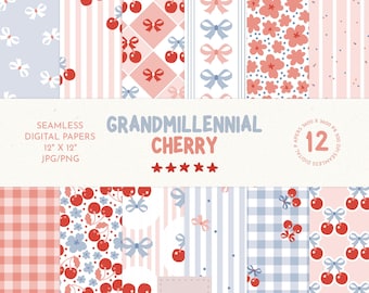 Grandmillenial Seamless Pattern, Cherry Seamless Pattern, Pink Bow Digital Paper, Checkered Cottage Core Seamless File, Baby Digital Paper