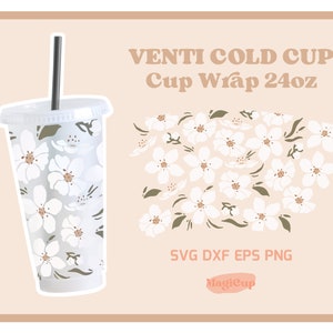 Taza fría svg sin agujero, flor de cerezo svg, envoltura de taza fría floral svg, taza fría de 24 oz svg, envoltura completa Boho svg, taza de café svg, envoltura de taza Venti