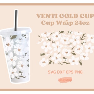 Cold cup svg no hole, Cherry blossom svg, Floral cold cup wrap svg, 24oz cold cup svg, Boho full wrap svg, coffee cup svg, Venti cup wrap