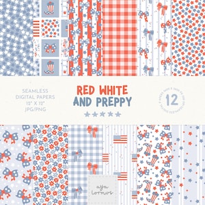 Grandmillennial patriottisch digitaal papier, patriottisch naadloos patroon, USA Bow preppy 4 juli digitaal papier, rood wit blauw naadloos bestand