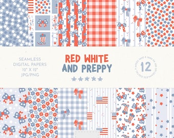 Grandmillennial Patriotic Digital Paper, Patriotic Seamless Pattern, USA Bow Preppy 4th of July Digital Paper, Red White Blue Seamless File