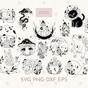Bundle svg champignon, Cottagecore svg, svg céleste, svg mystique, sorcière svg, svg lune, svg magique, mite, svg grenouille, svg escargot, livre svg