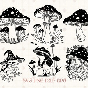Bundle svg cottagecore, champignon svg, svg grenouille ottagecore, champignon vénéneux svg, svg femme champignon, svg fille tête de champignon png, usage Commercial