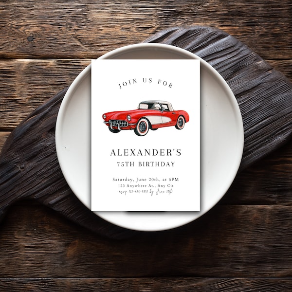 Classic Vintage Car Invitation 70th Birthday Car Birthday Invites 75th Birthday Men 88th Birthday Invitation Car Theme Birthday Invitation